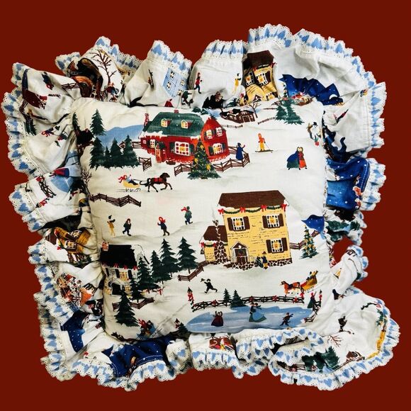 Vintage Pillow Winter Scene Christmas Ruffled Border 20” x 20” Handmade by Diane - Picture 3 of 6